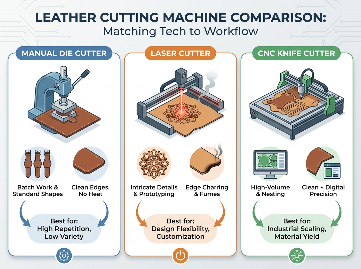 Leather cutting machine processing material in a workshop